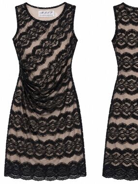NWT M.S.S.P. Black Nude Fully Lined Lace Ruched Sheath Cocktail Dress XS
